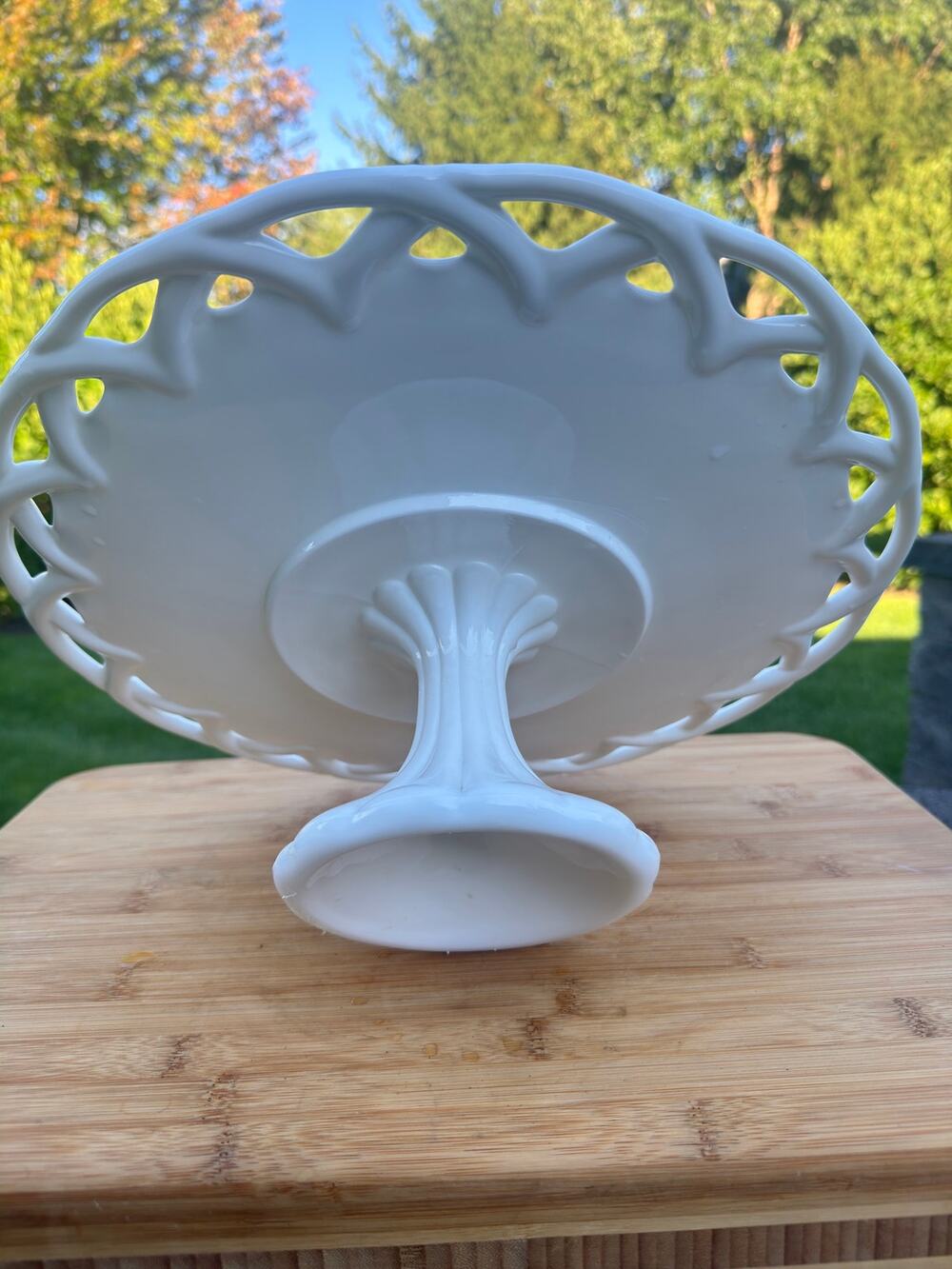 Large Colony Milk Glass Footed Cake Stand with Open Lace Edge 13-7/8”Diameter
